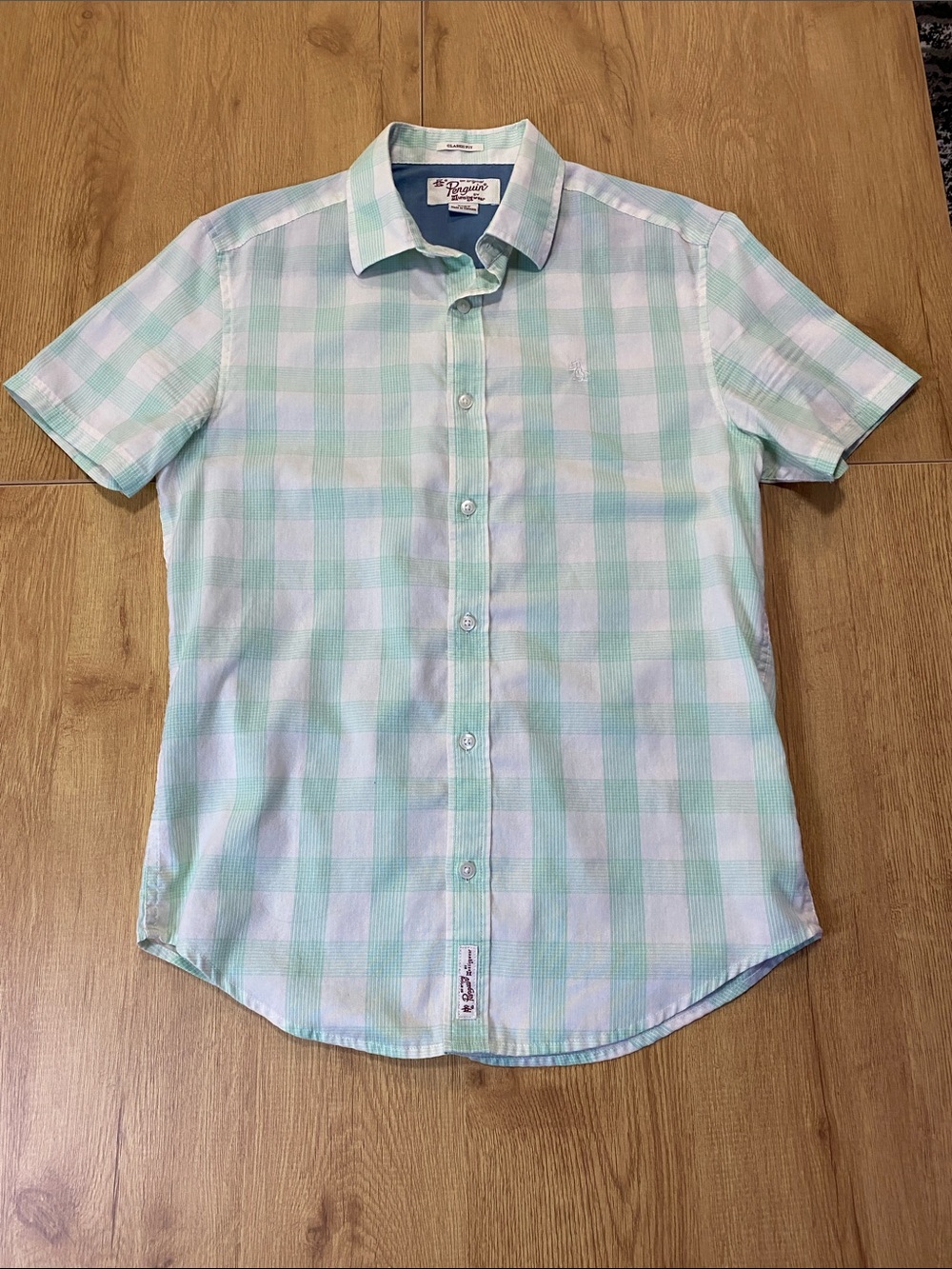 Original Penguin Mint Green and White Short-Sleeve Plaid Button-Up Shirt
